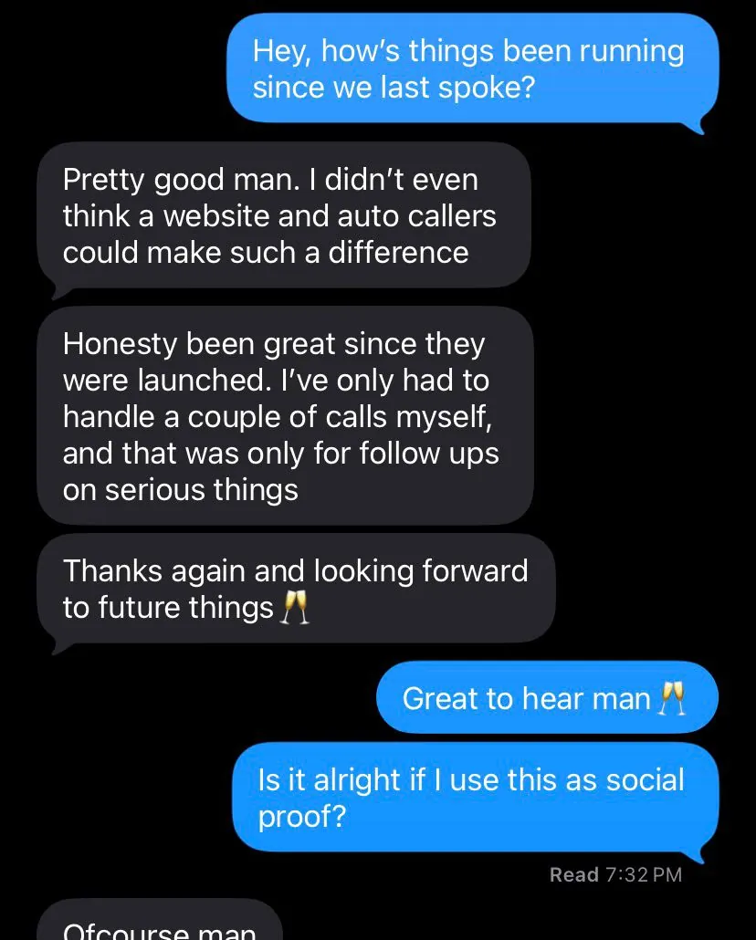 Contractor text: didn't think a website and auto callers could make such a difference, only had to handle a couple of calls myself